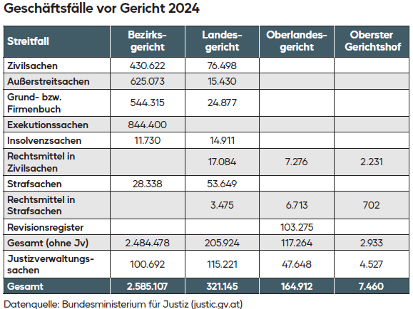 Bild Tabelle der Geschäftsfälle vor Gericht 2024